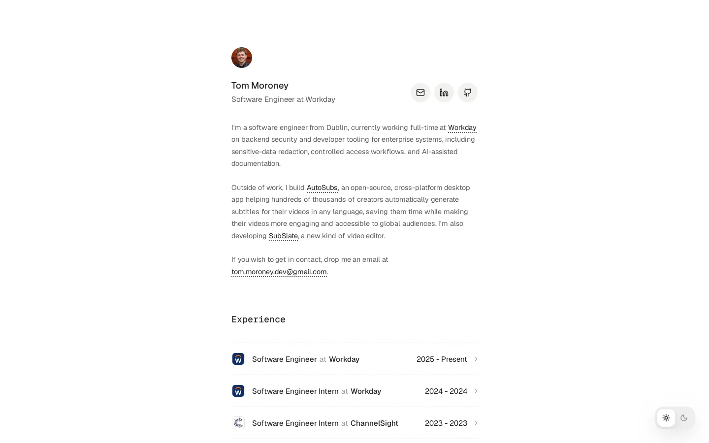 Tom Moroney Homepage screenshot
