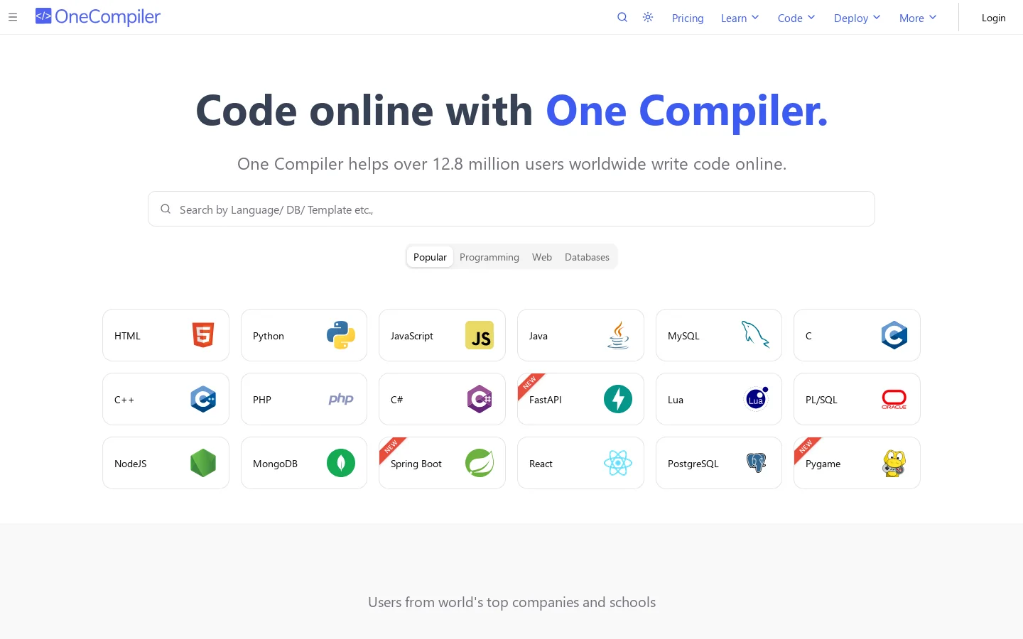 OneCompiler Homepage screenshot