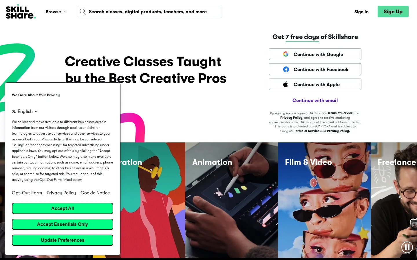 Skillshare Homepage screenshot