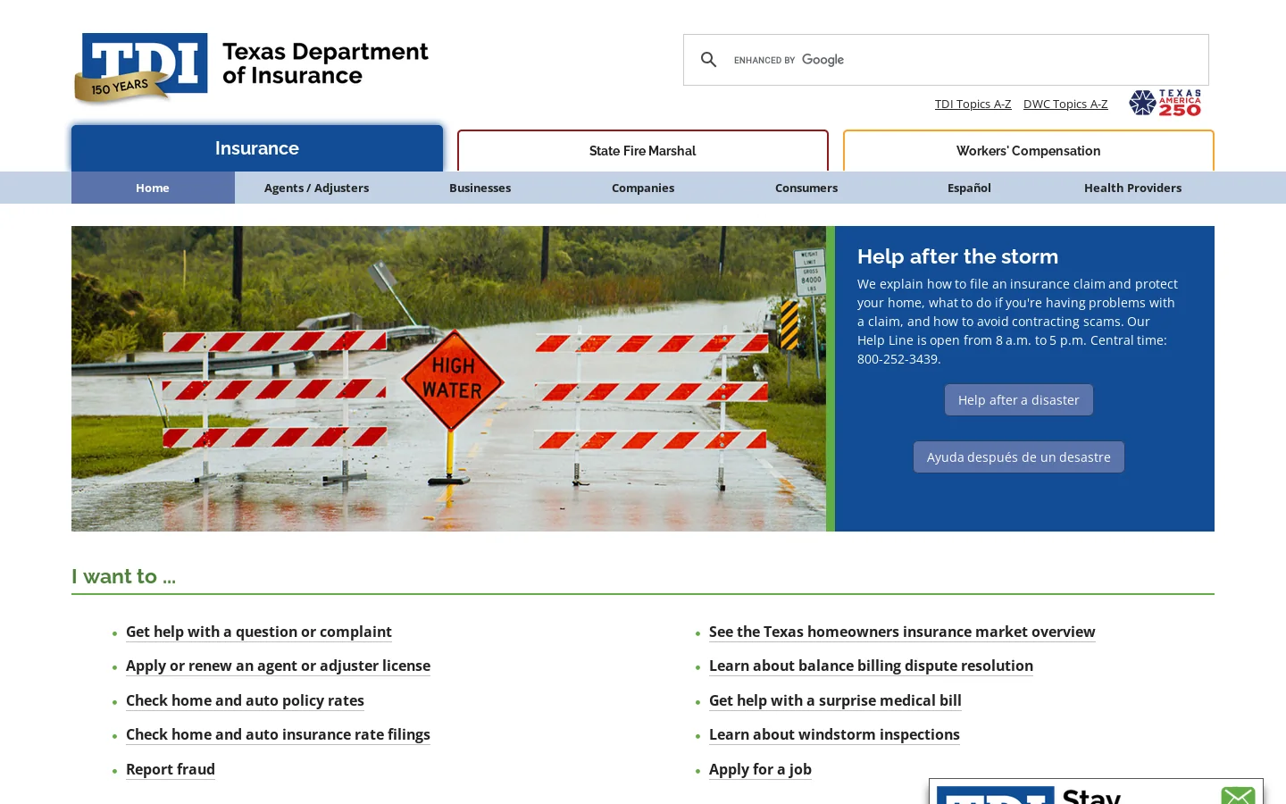 Texas Department of Insurance Homepage screenshot