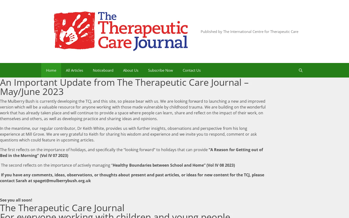 Home - The Therapeutic Care Journal Homepage screenshot