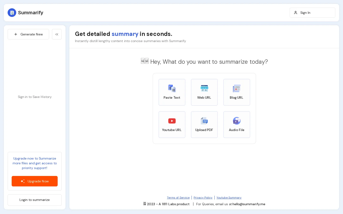 Summarify Homepage screenshot