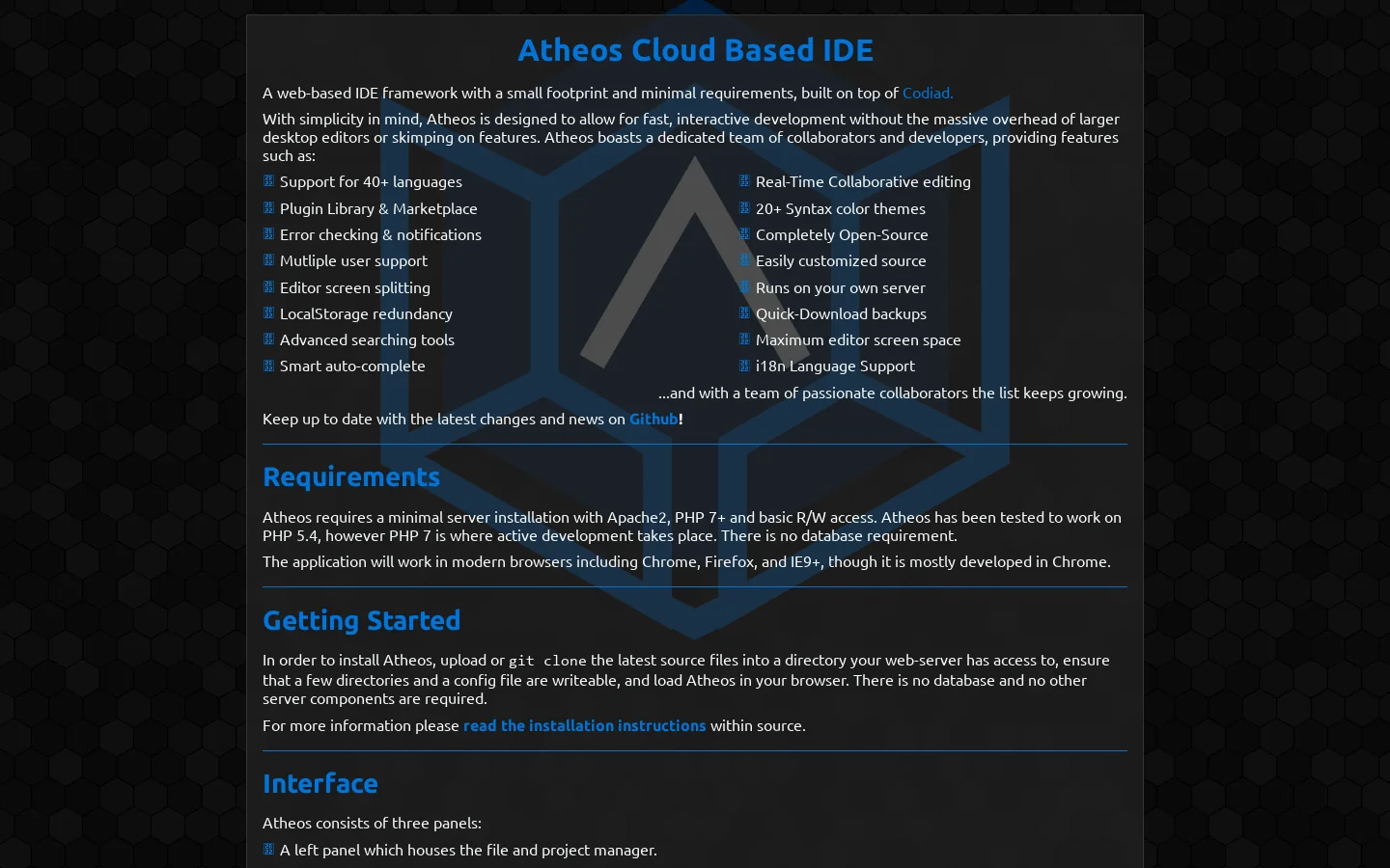 Atheos Cloud IDE Homepage screenshot