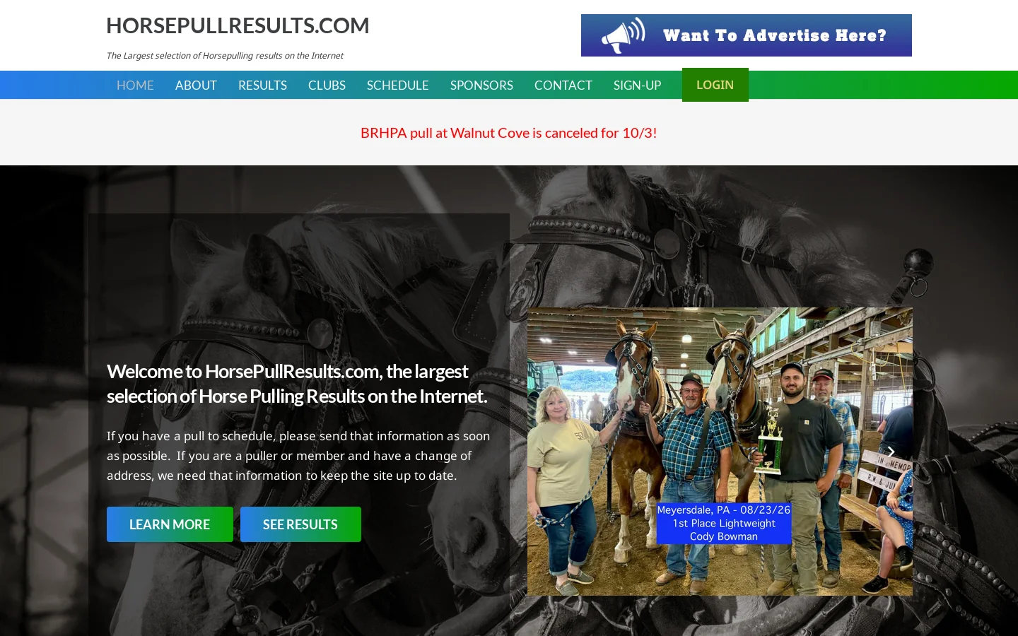 Horse Pull Results Homepage screenshot
