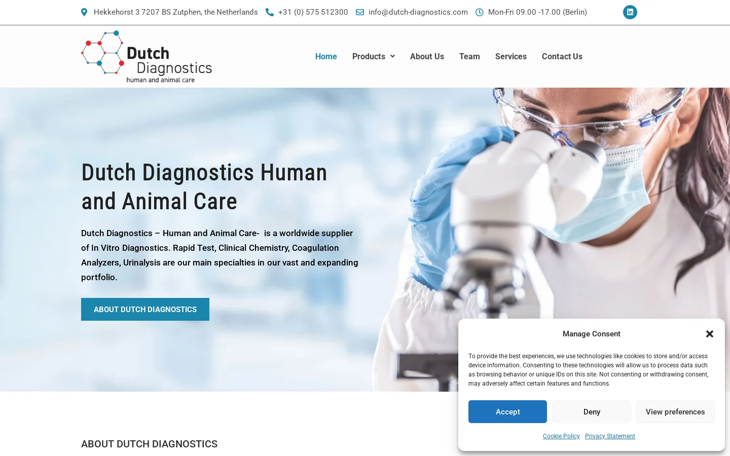 Dutch Diagnostics Human & Animal Care Homepage screenshot