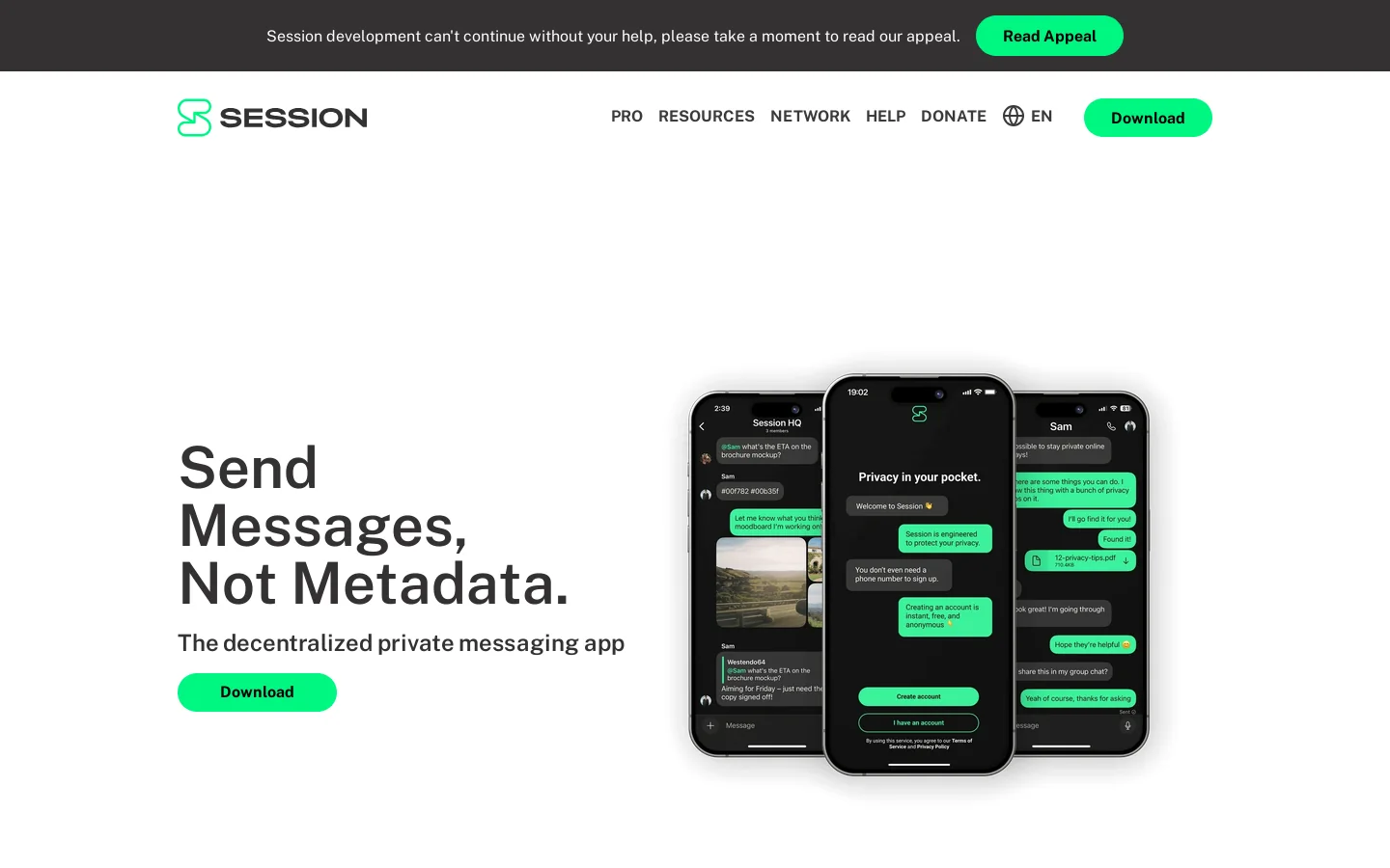 Session | Send Messages, Not Metadata. | Private Messenger Homepage screenshot