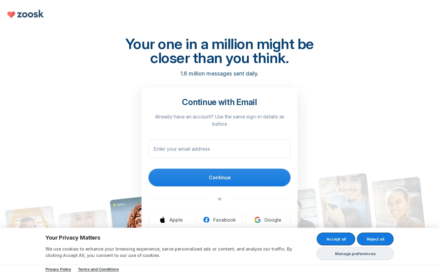 Zoosk Homepage screenshot
