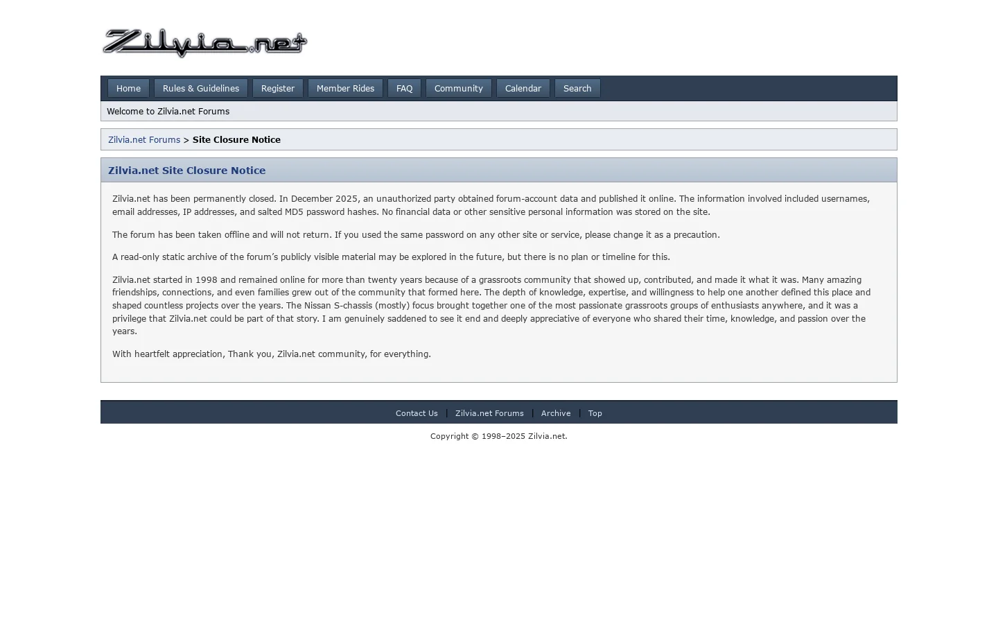 Zilvia.net Closure Notice Homepage screenshot