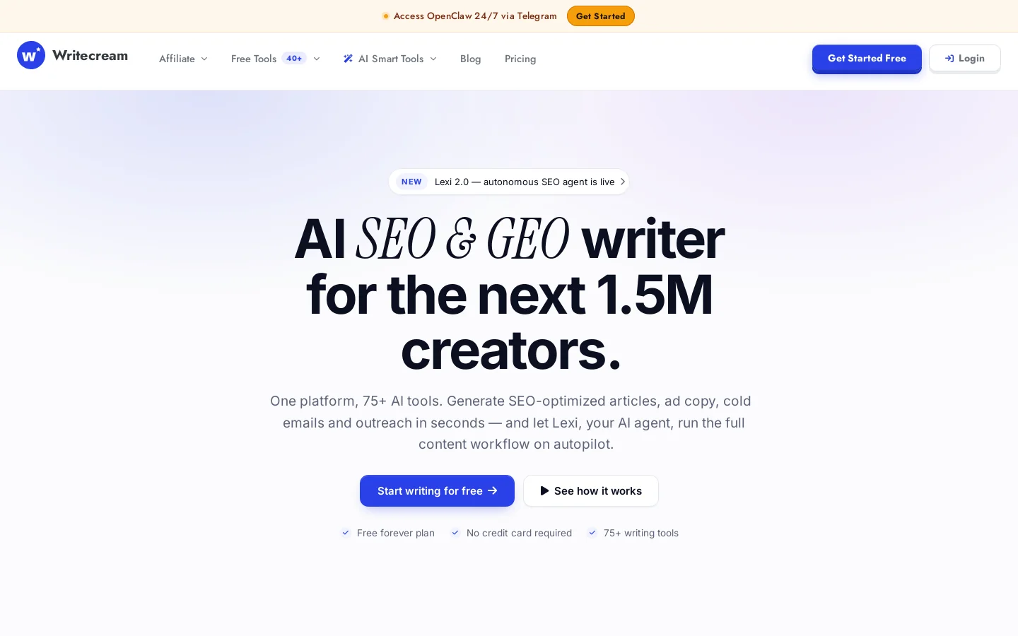 Writecream Homepage screenshot