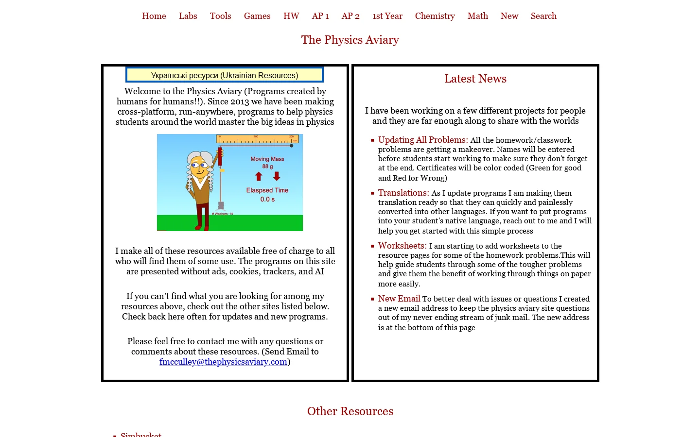The Physics Aviary Homepage screenshot