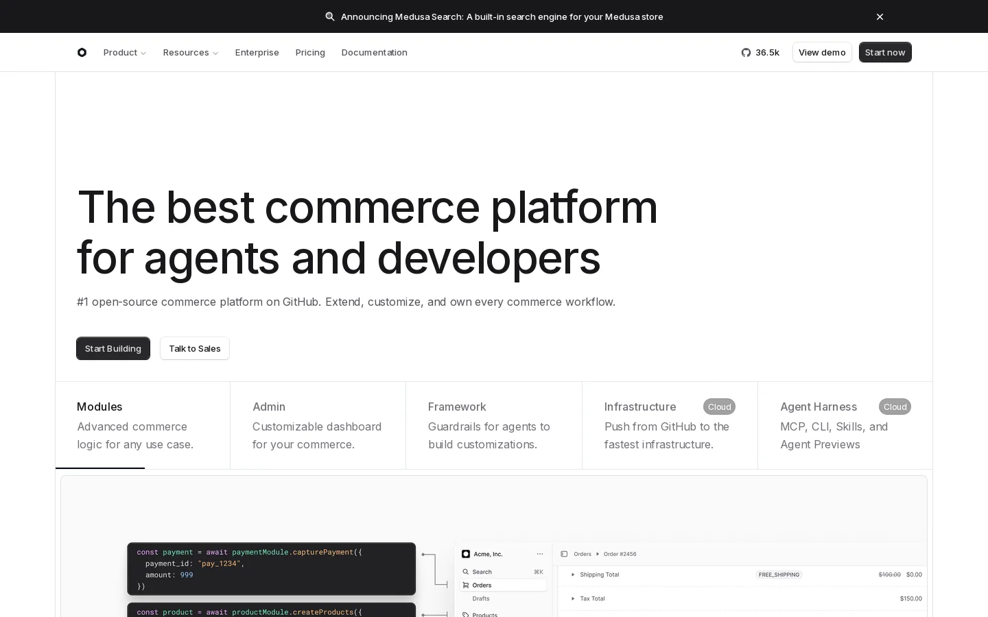 Medusa - Open-Source Commerce Platform for Agents and Developers Homepage screenshot