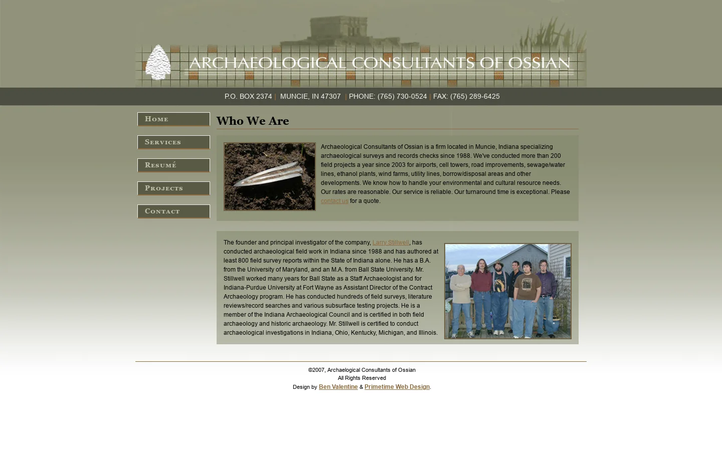 Archaeological Consultants of Ossian located in Muncie, Indiana Homepage screenshot