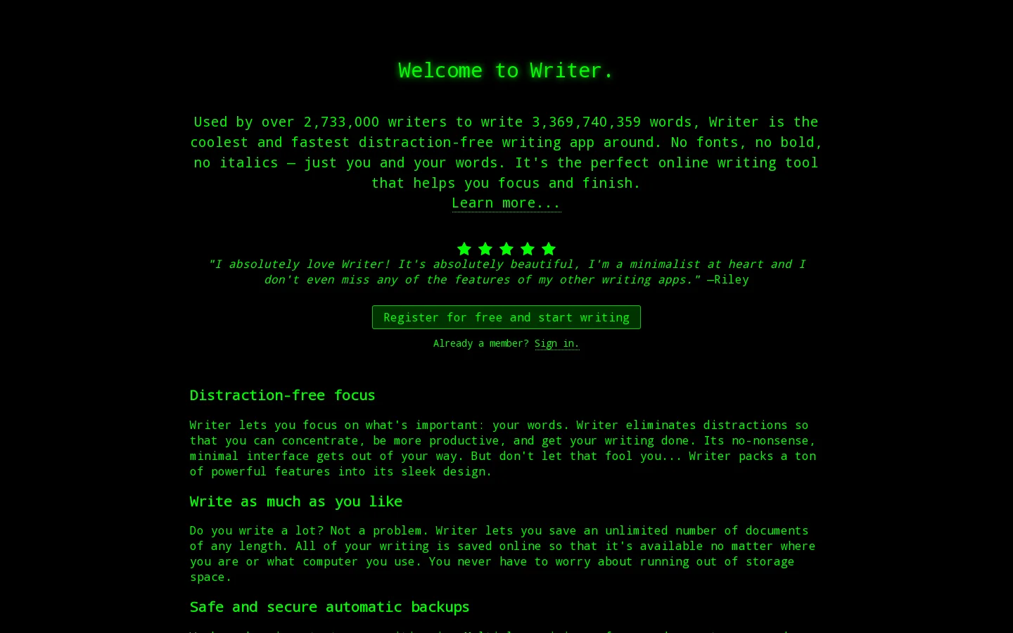 Writer, the Internet Typewriter Homepage screenshot