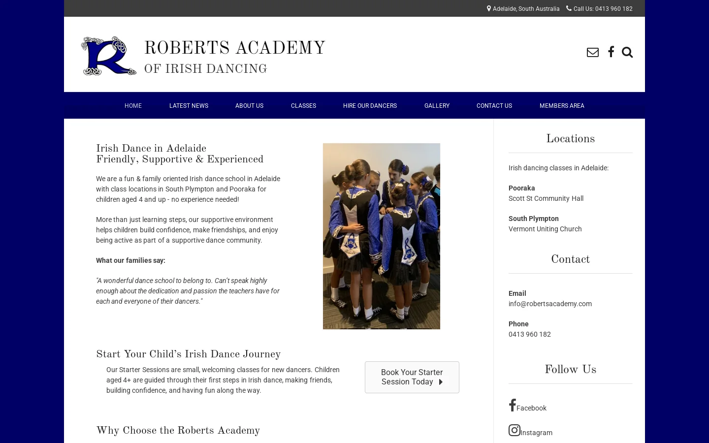 Roberts Academy of Irish Dancing Homepage screenshot