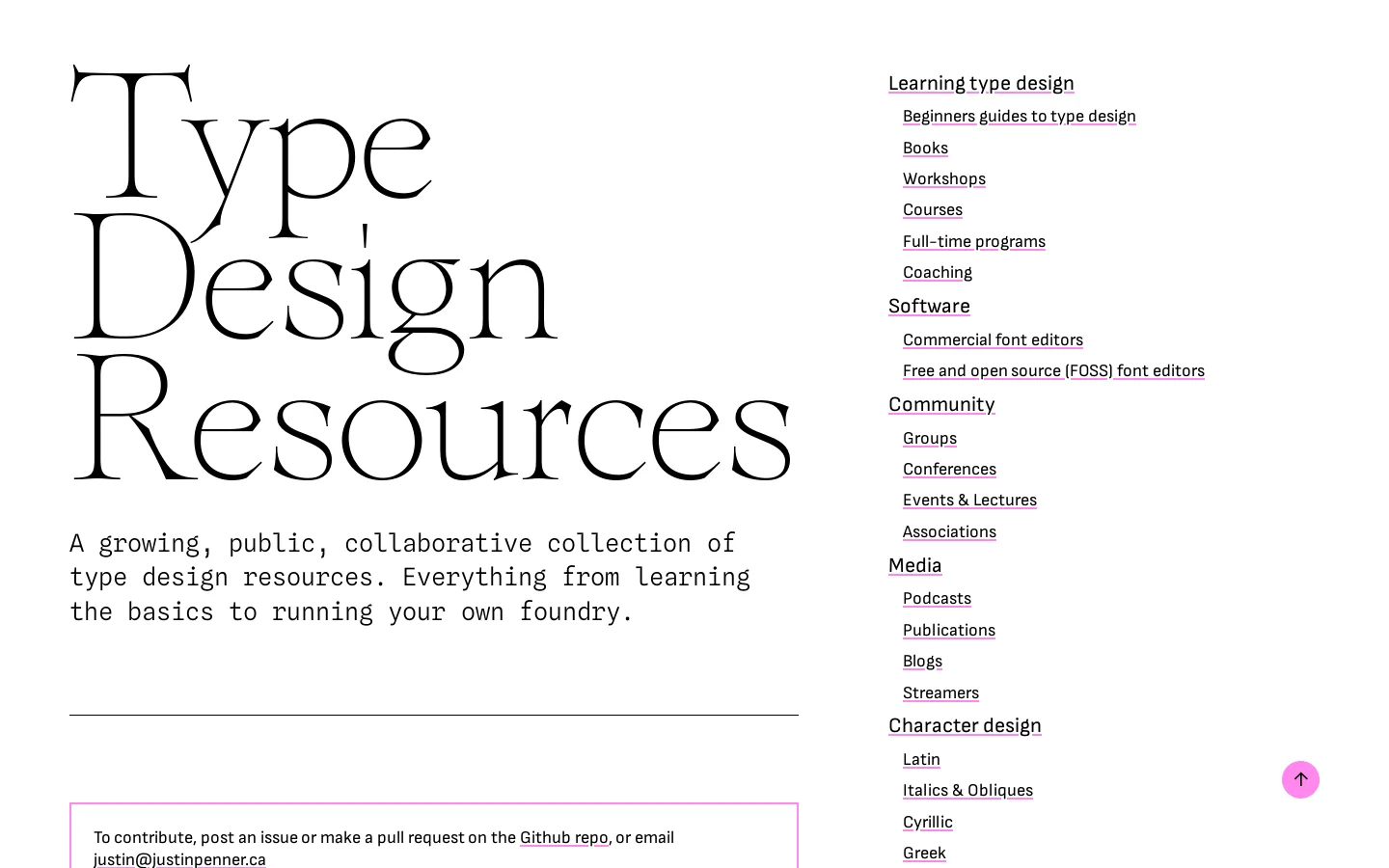 Type Design Resources Homepage screenshot