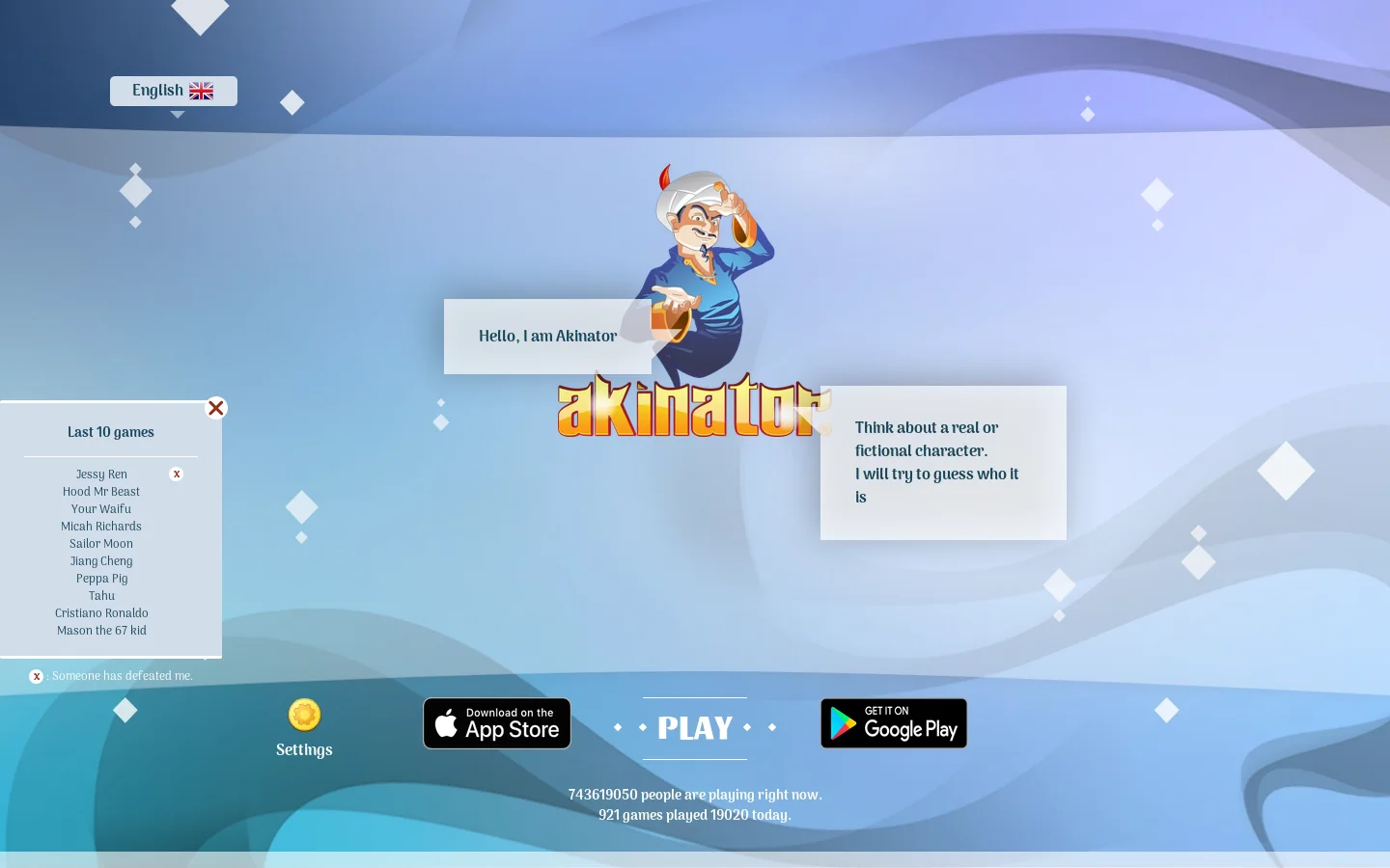 Akinator, the mind reading genie Homepage screenshot
