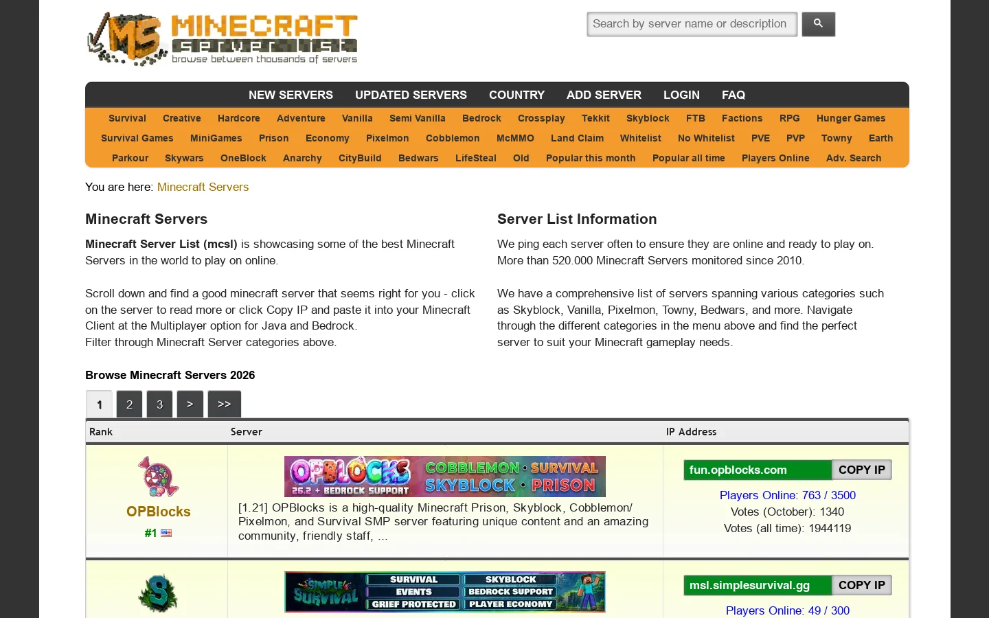 Minecraft Server List Homepage screenshot