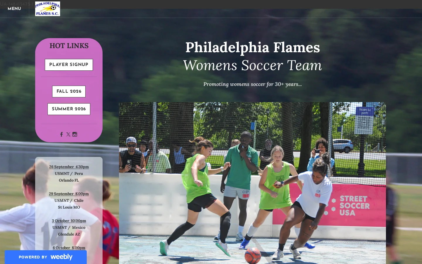 Philadelphia Flames Womens Soccer Team - Home Homepage screenshot