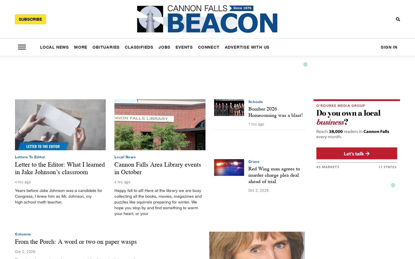 Cannon Falls Beacon Homepage screenshot