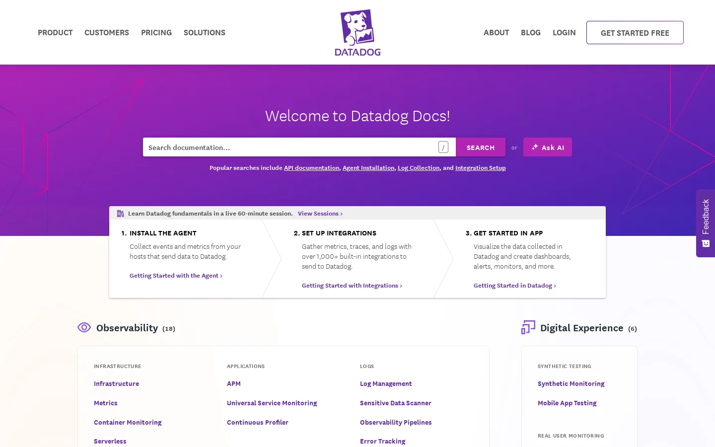 Datadog Docs Homepage screenshot