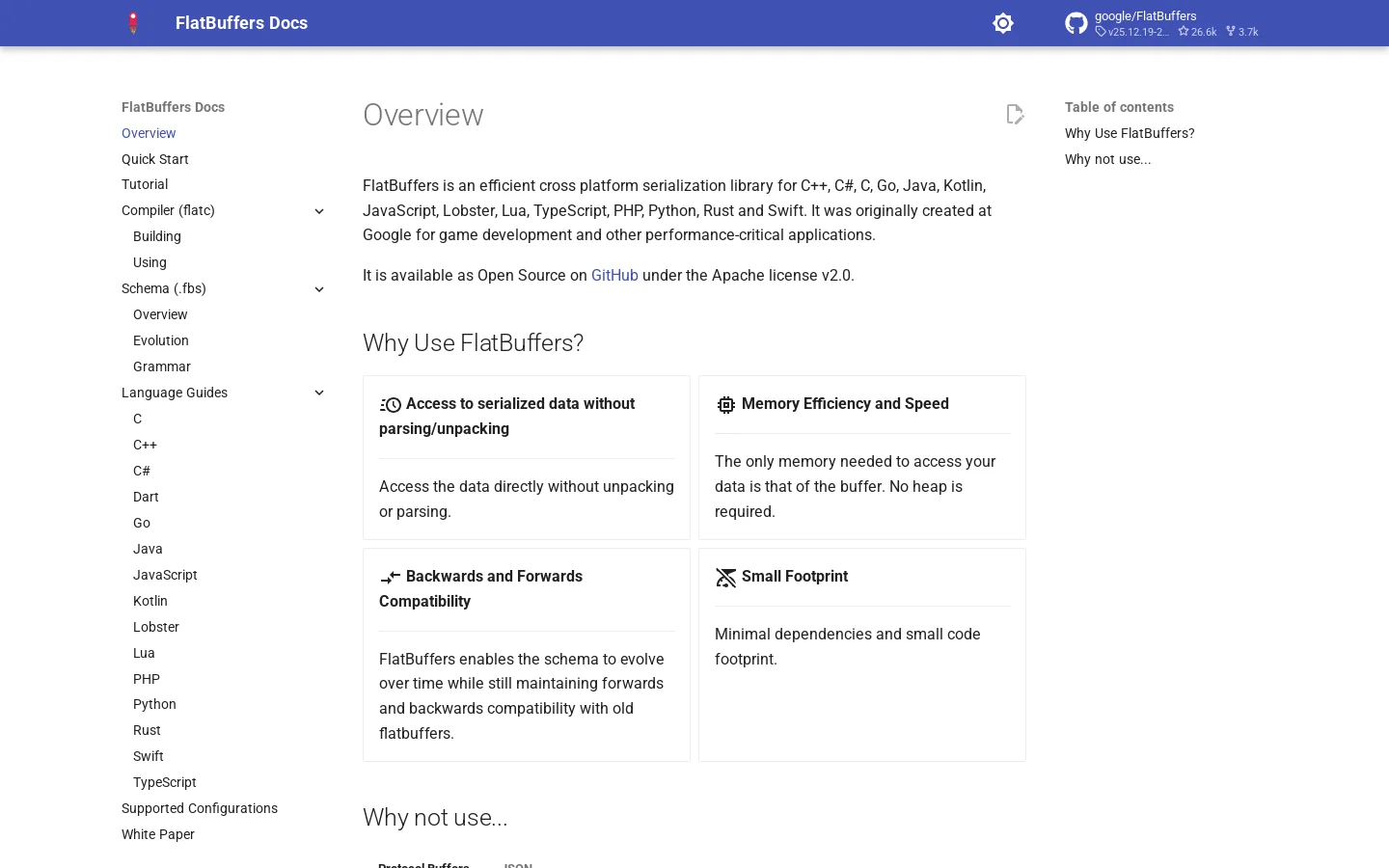 FlatBuffers Docs Homepage screenshot