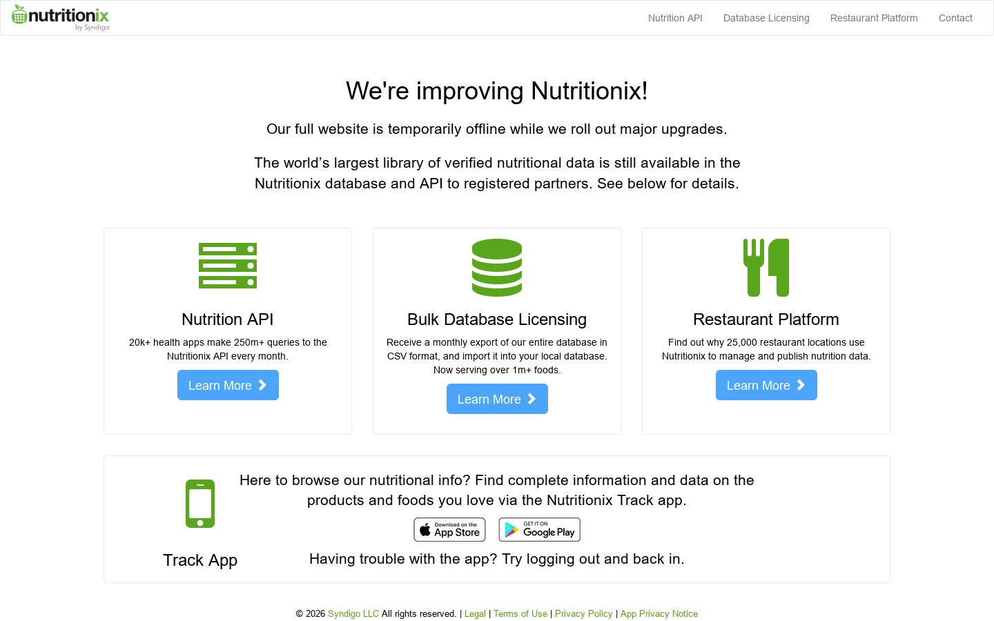 Nutritionix Homepage screenshot