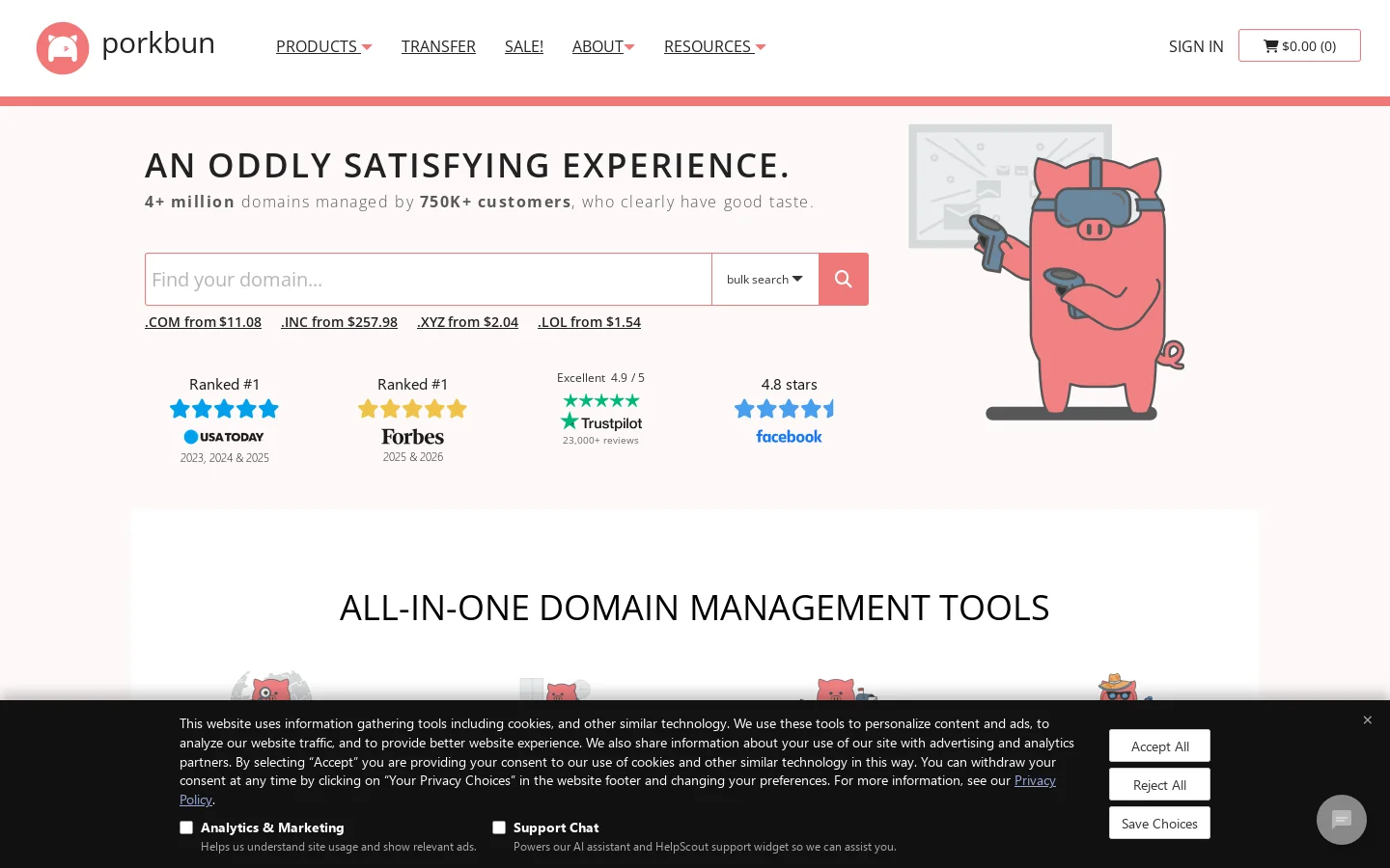 porkbun.com Homepage screenshot
