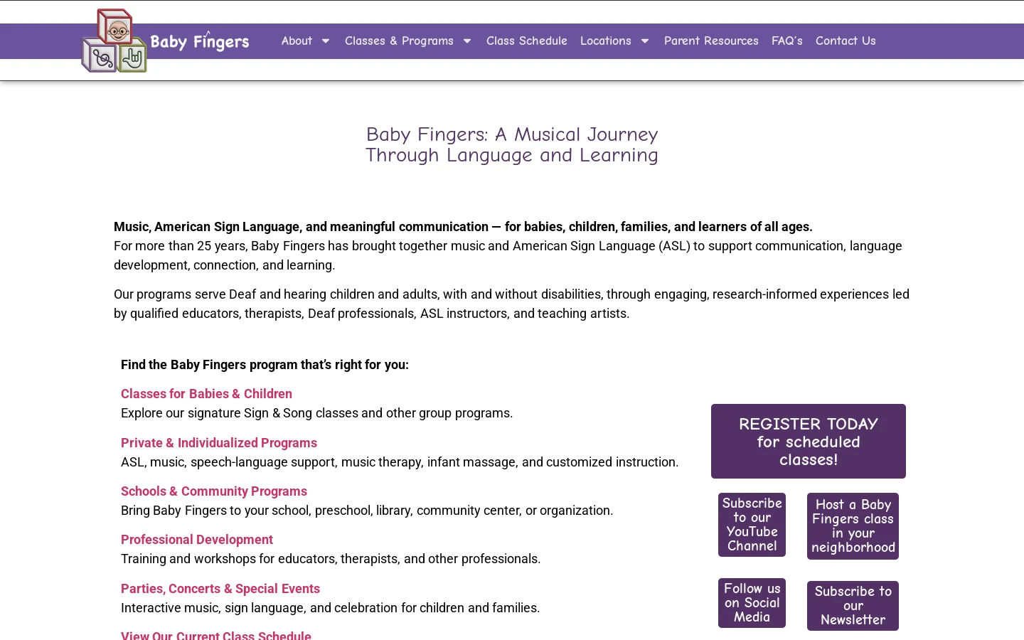 In person and live online ASL & Music for all ages Deaf & hearing. Homepage screenshot