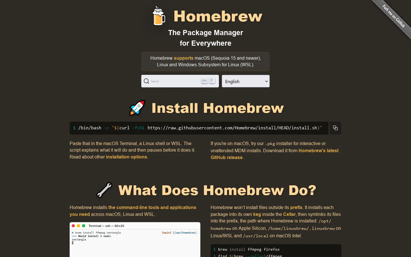Homebrew: The Package Manager for Everywhere Homepage screenshot