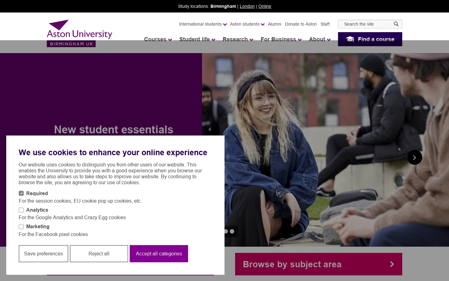 Aston University Homepage screenshot