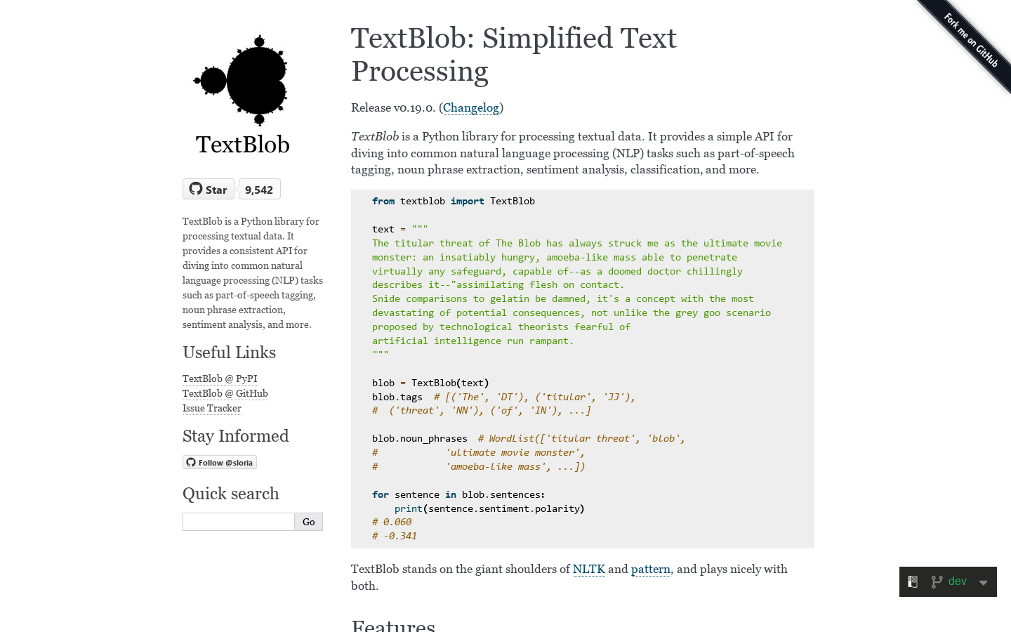 TextBlob Homepage screenshot