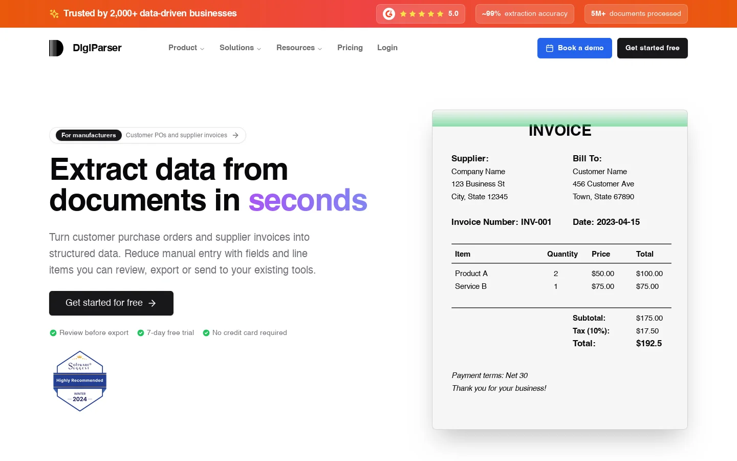 DigiParser Homepage screenshot