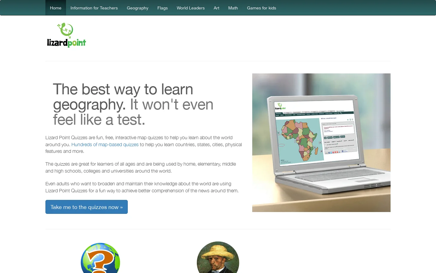 Lizard Point Quizzes Homepage screenshot