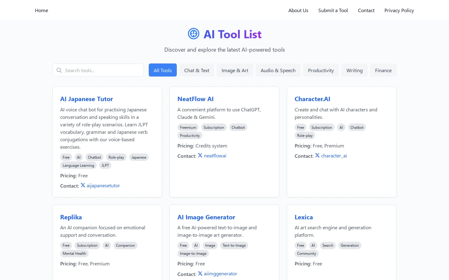 AI Tool List Homepage screenshot