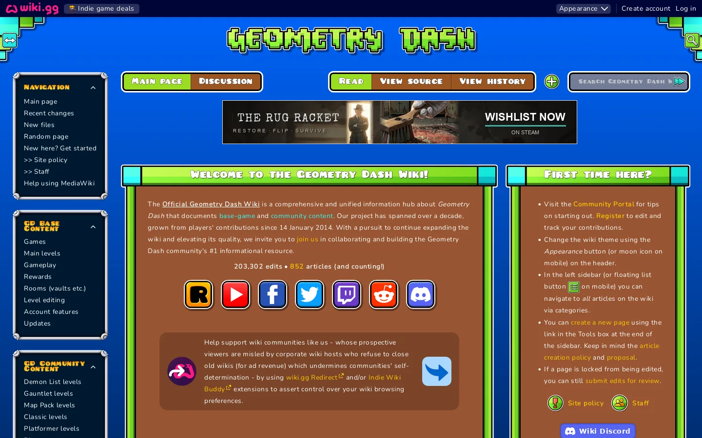 Official Geometry Dash Wiki Homepage screenshot