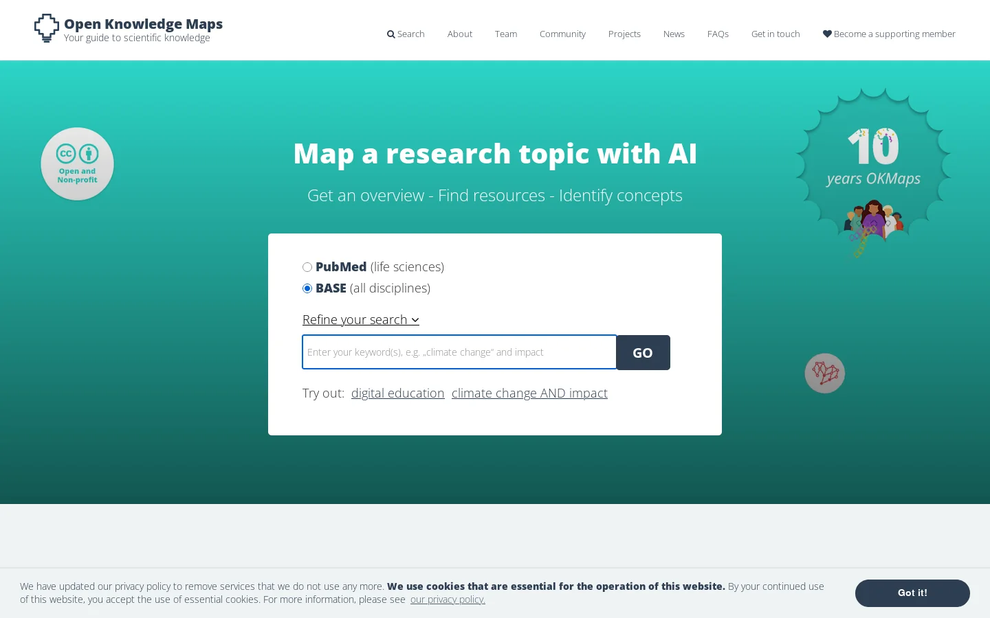 Open Knowledge Maps Homepage screenshot