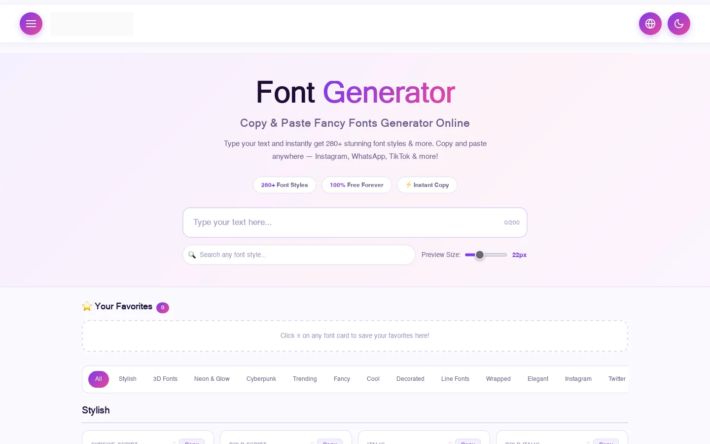 Font Generator – 𝓕𝓪𝓷𝓬𝔂 𝓣𝓮𝔁𝓽 Copy & Paste (280+ Styles) Homepage screenshot