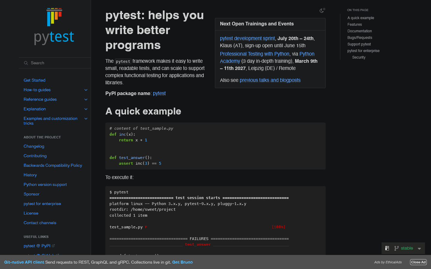 pytest documentation Homepage screenshot