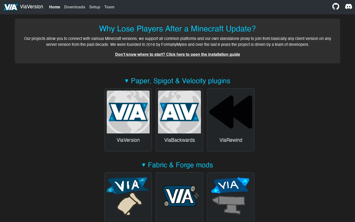 ViaVersion Project Homepage screenshot