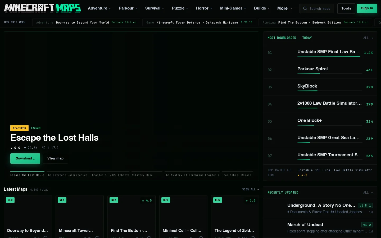 Minecraft Maps Homepage screenshot