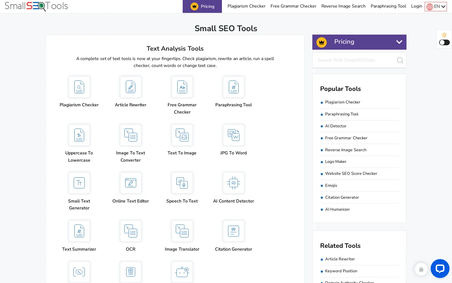 SmallSEOTools.com Homepage screenshot