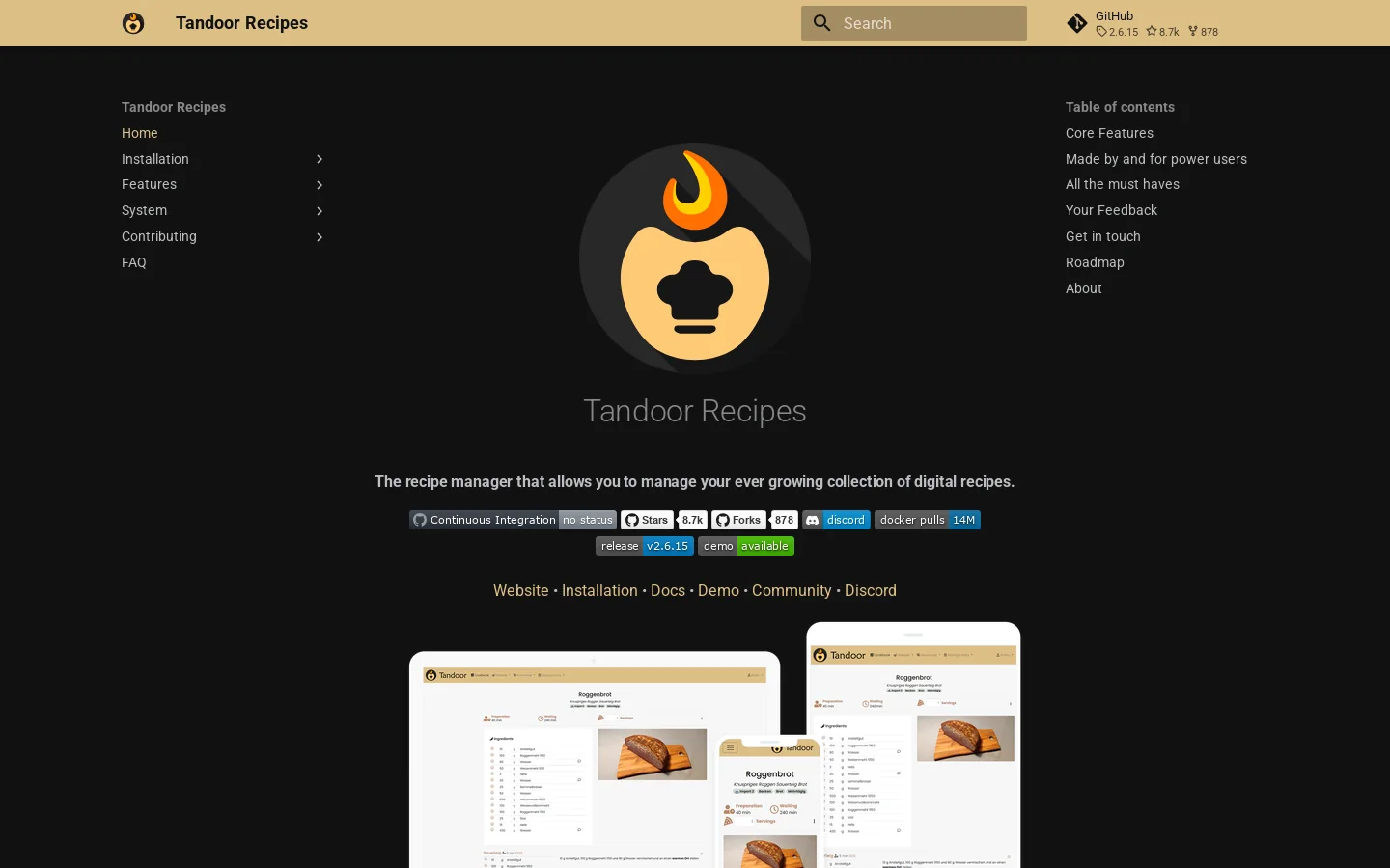 Tandoor Recipes Homepage screenshot