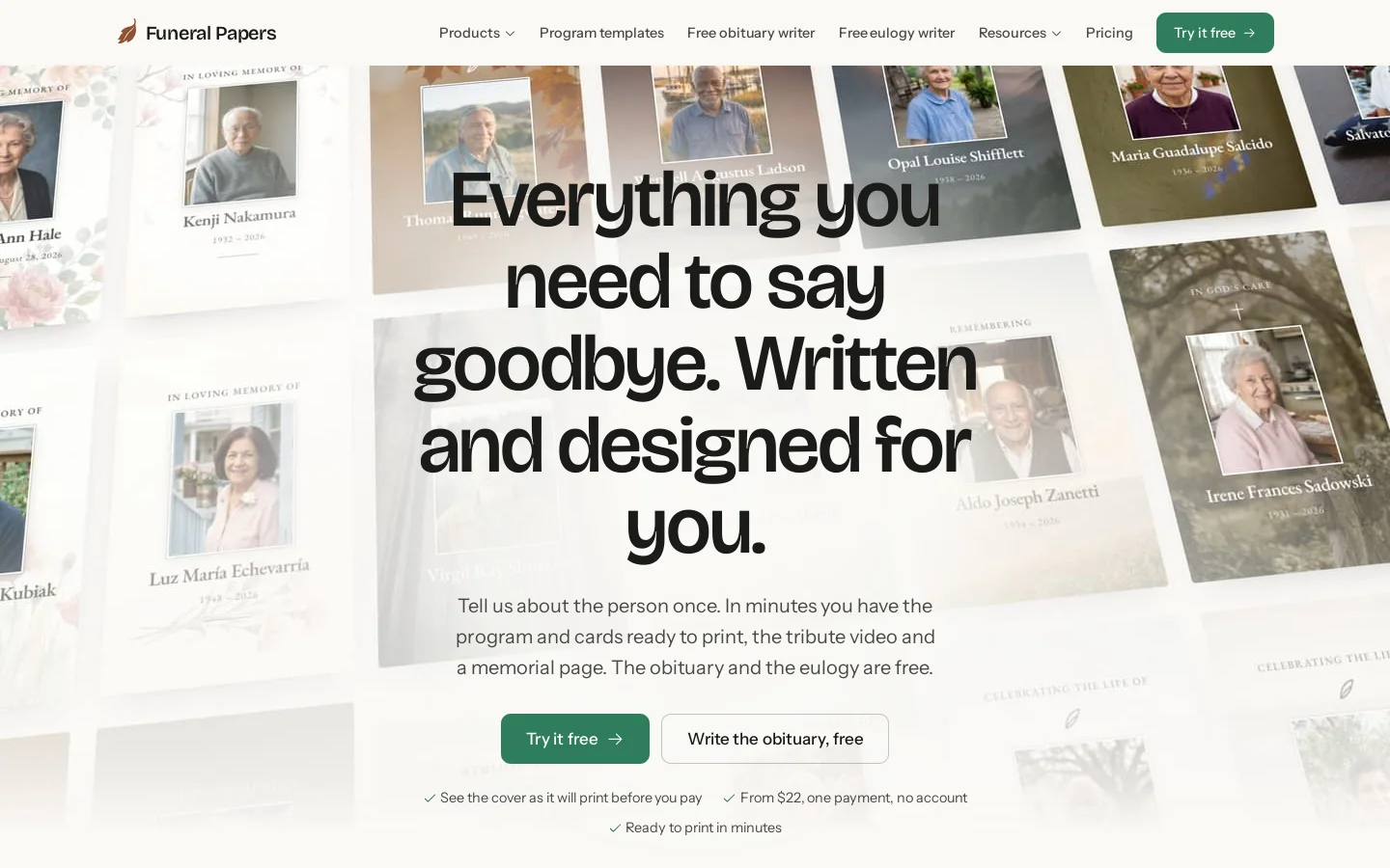 Funeral Papers Homepage screenshot
