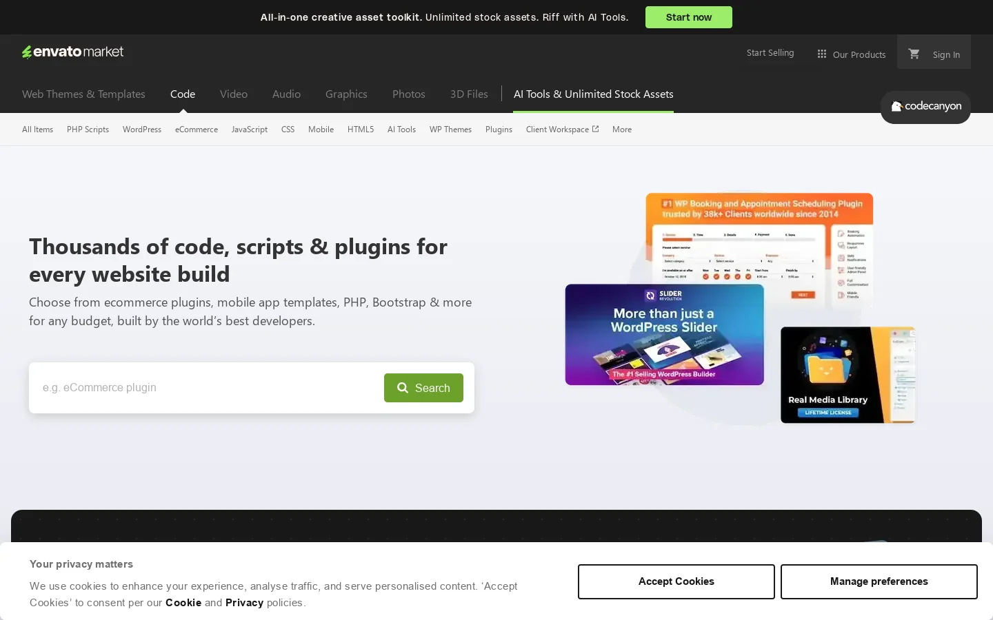 Buy Plugins & Code from CodeCanyon Homepage screenshot