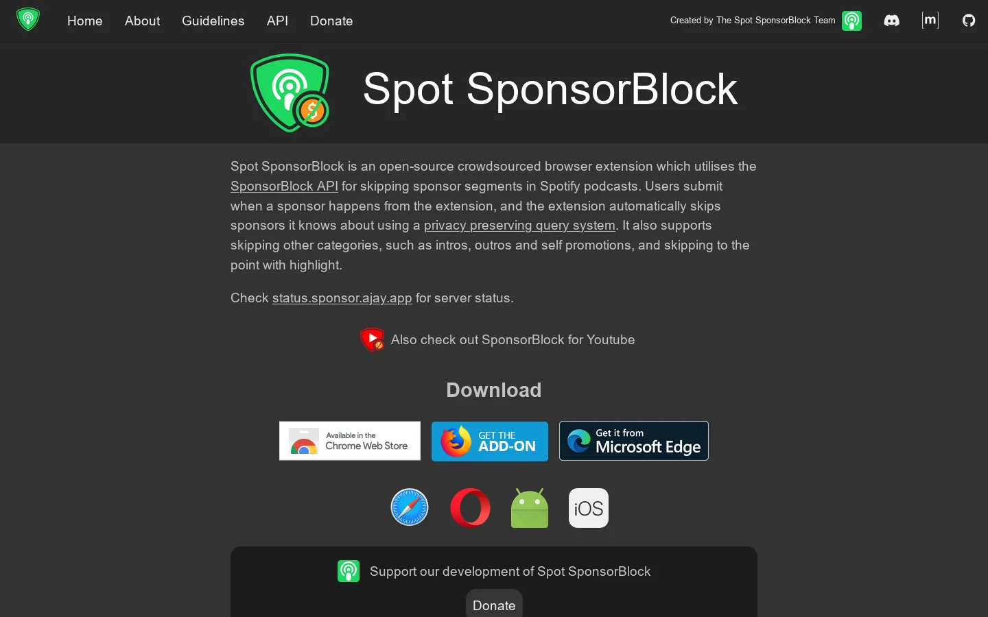Spot SponsorBlock Homepage screenshot