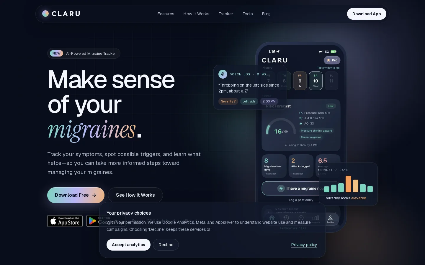 Claru — AI Migraine Tracker Homepage screenshot