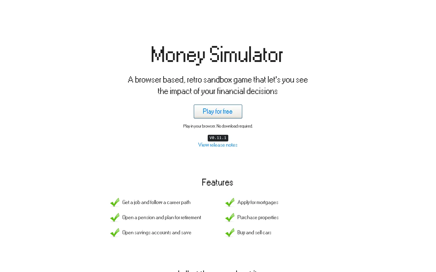 Money Simulator: A browser based, retro sandbox game that let's you see the impact of your financial decisions Homepage screenshot