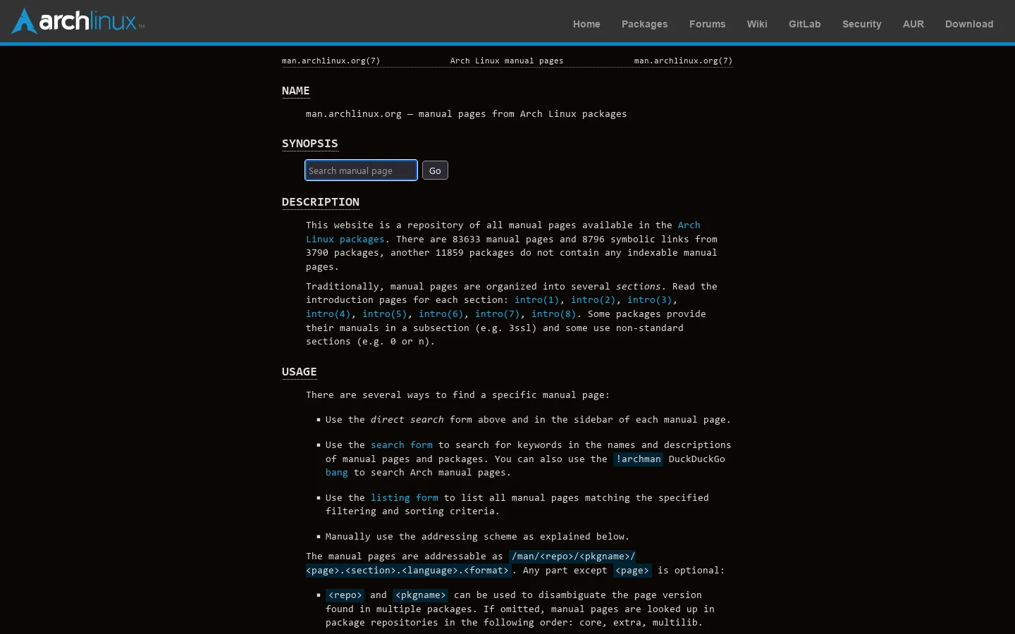 Arch manual pages Homepage screenshot