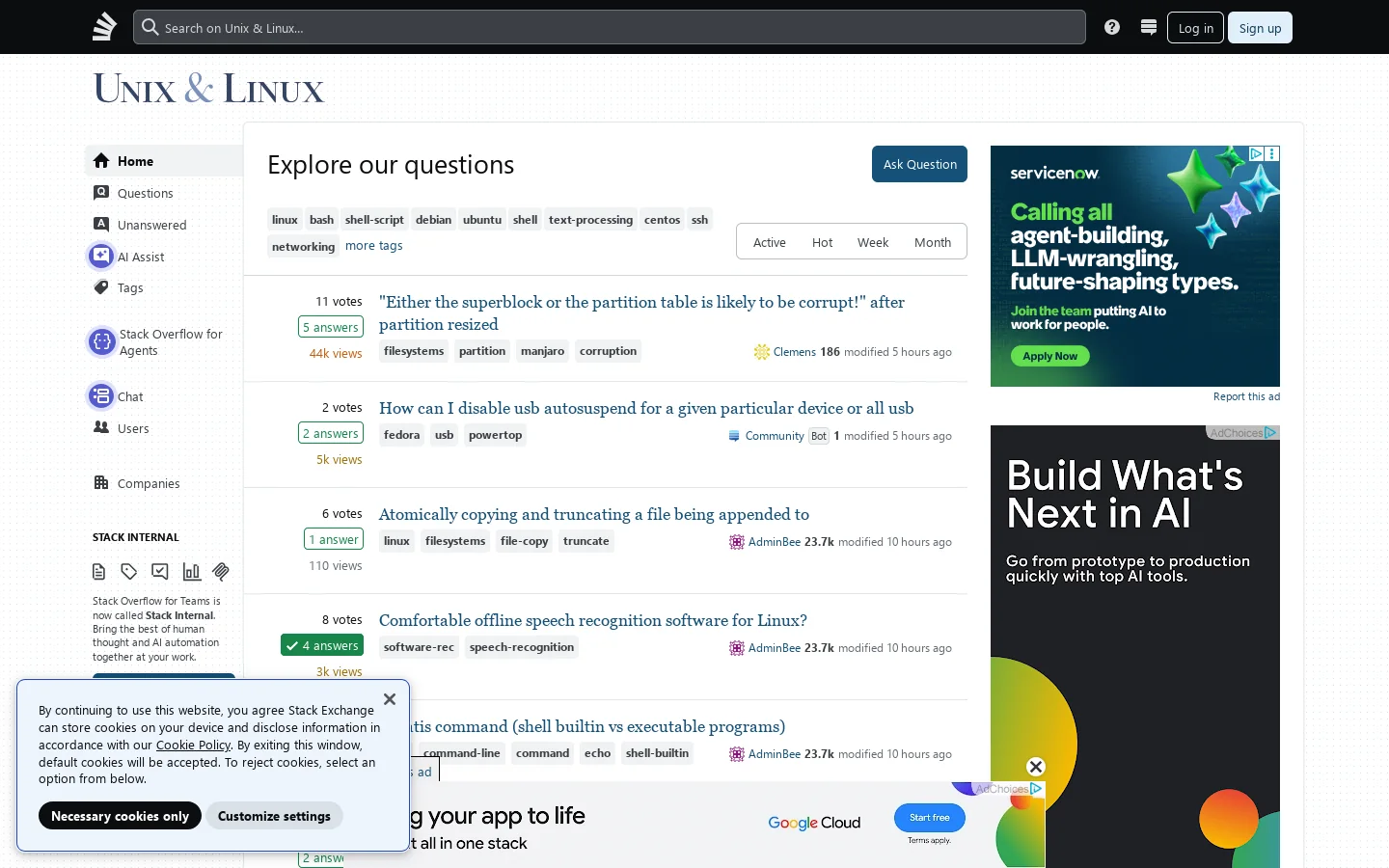 Unix & Linux Stack Exchange Homepage screenshot