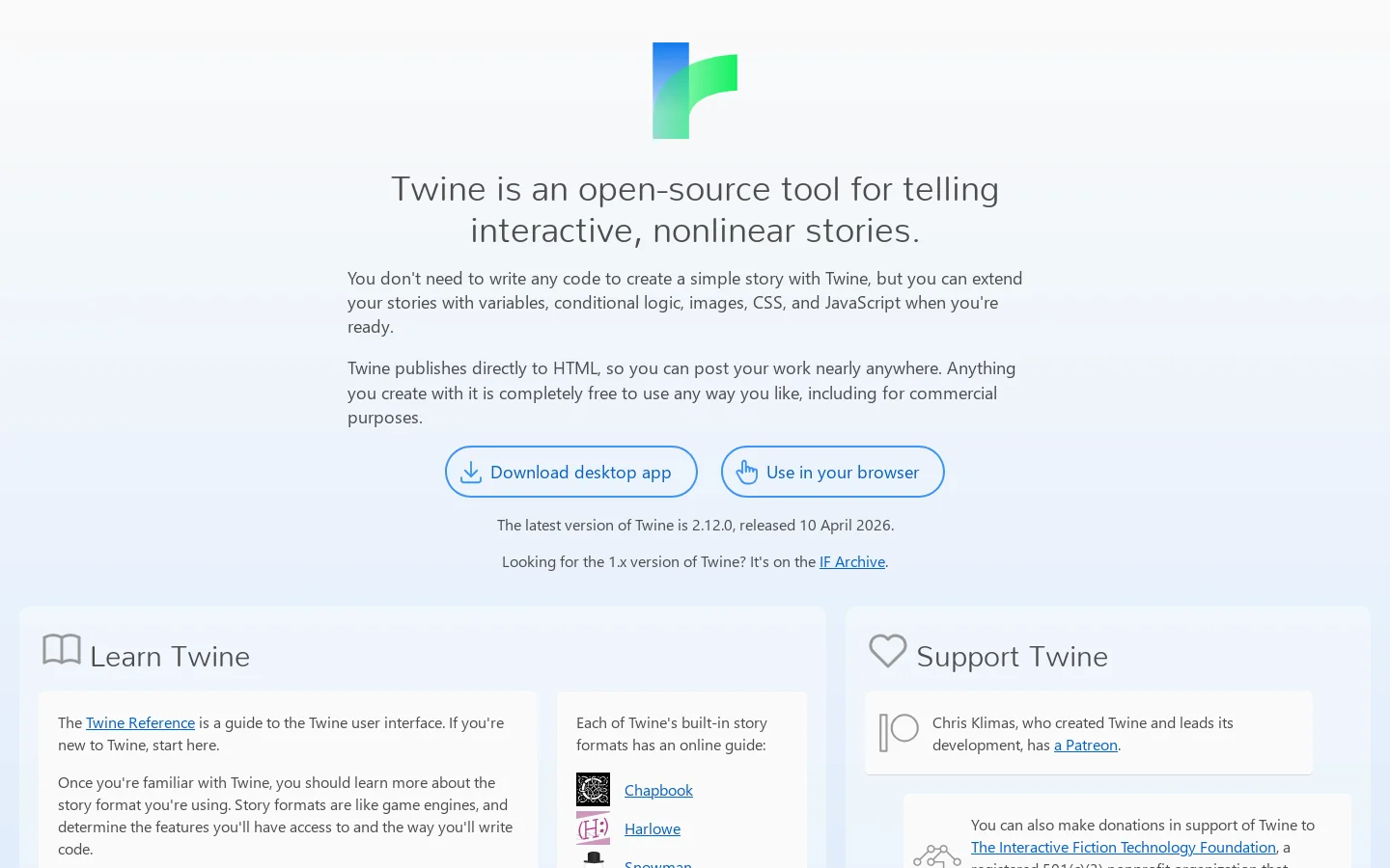 Twine / An open-source tool for telling interactive, nonlinear stories Homepage screenshot